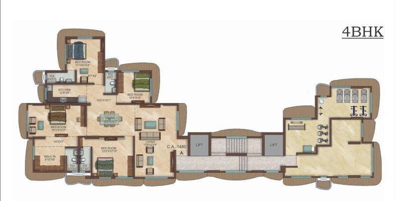 Floor plan of 4 BHK 1460 Sq. Ft. Apartment in Karmvir Shubh Mangal, Mumbai