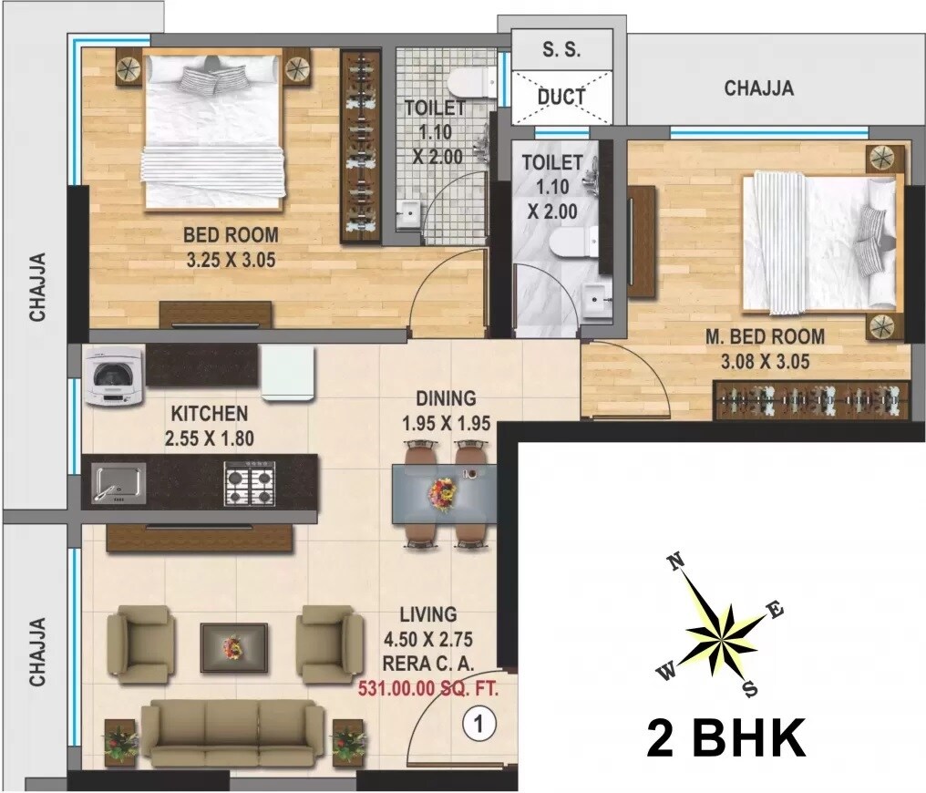Floor plan of 2 BHK 531 Sq. Ft. Apartment in Karmvir Vihar Heights, Mumbai