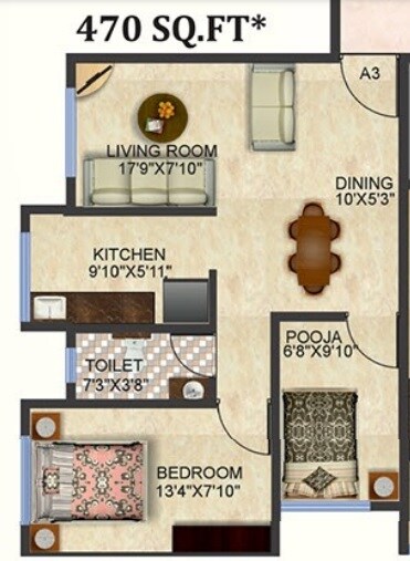 Floor plan of 1 BHK 470 Sq. Ft. Apartment in Kashish Park Centriod, Mumbai