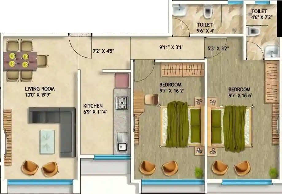Floor plan of 2 BHK 681 Sq. Ft. Apartment in Kashish Park Centriod, Mumbai