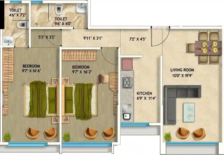 Floor plan of 2 BHK 685 Sq. Ft. Apartment in Kashish Park Centriod, Mumbai
