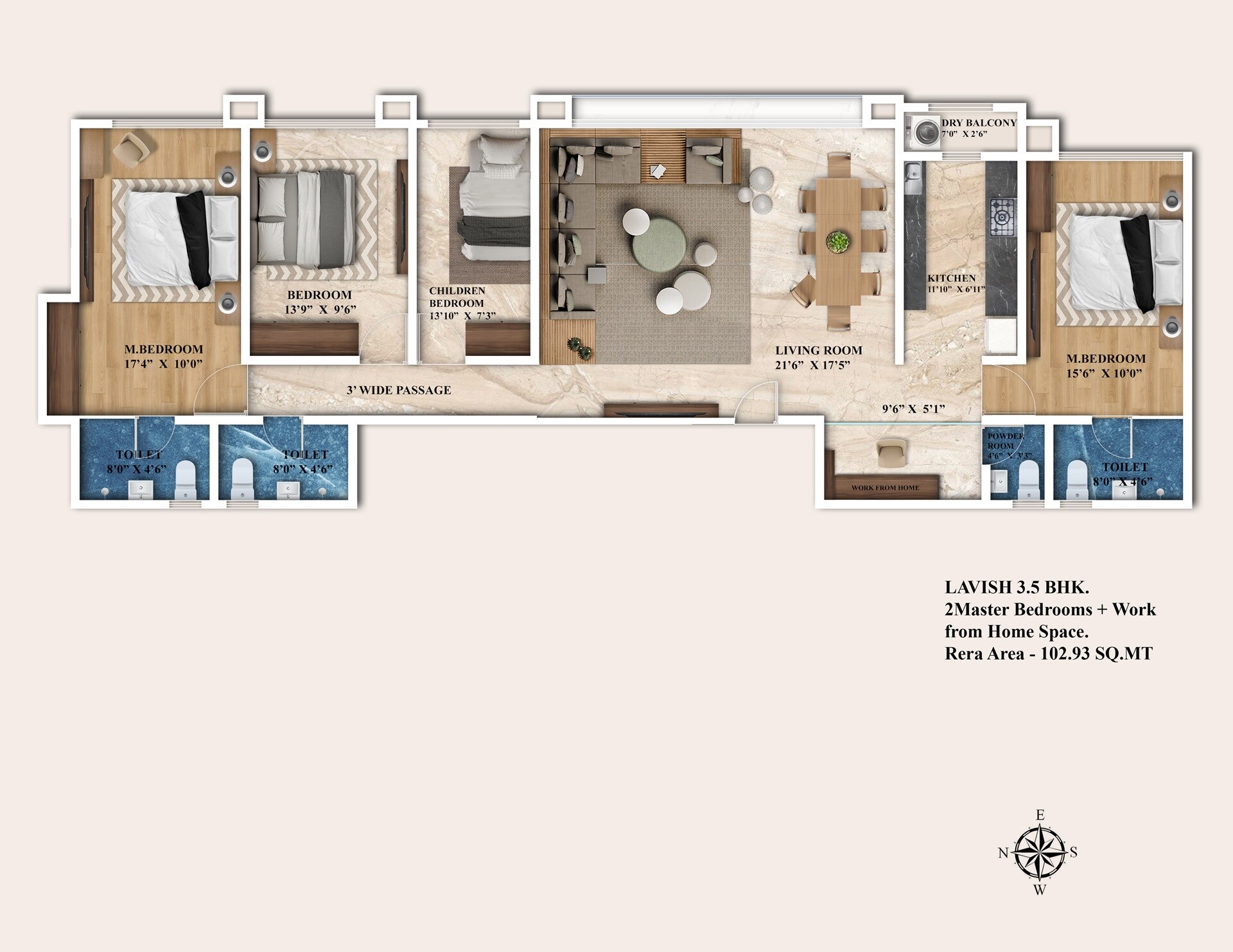 Floor plan of 3 BHK 1108 Sq. Ft. Apartment in Kashish Tower, Mumbai