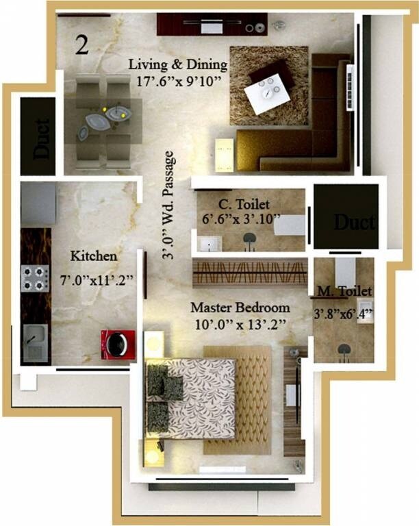 Floor plan of 1 BHK 582 Sq. Ft. Apartment in Kaustubh Platinum, Mumbai