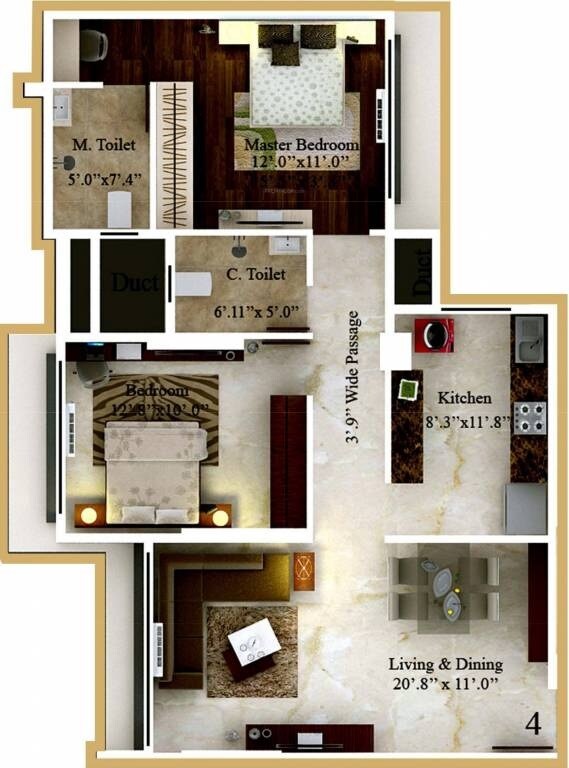 Floor plan of 2 BHK 765 Sq. Ft. Apartment in Kaustubh Platinum, Mumbai