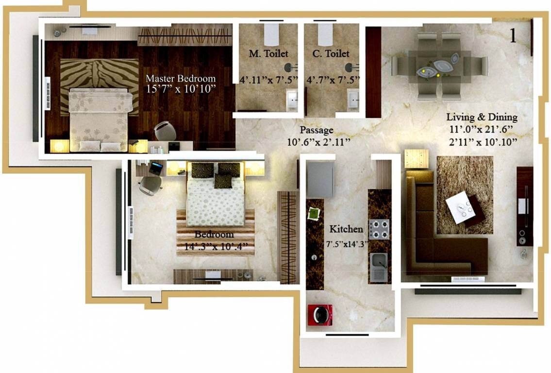 Floor plan of 2 BHK 831 Sq. Ft. Apartment in Kaustubh Platinum, Mumbai