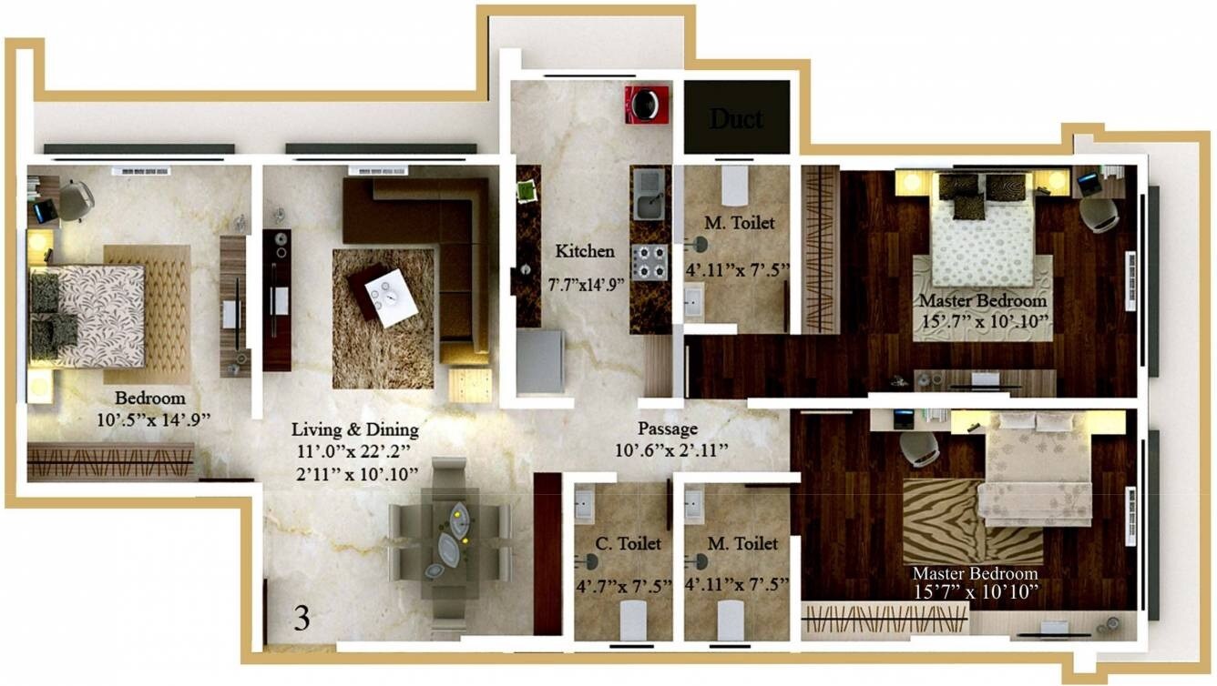Floor plan of 3 BHK 899 Sq. Ft. Apartment in Kaustubh Platinum, Mumbai