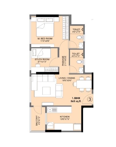 Floor plan of 2 BHK 565 Sq. Ft. Apartment in Kaustubh Primrose, Mumbai