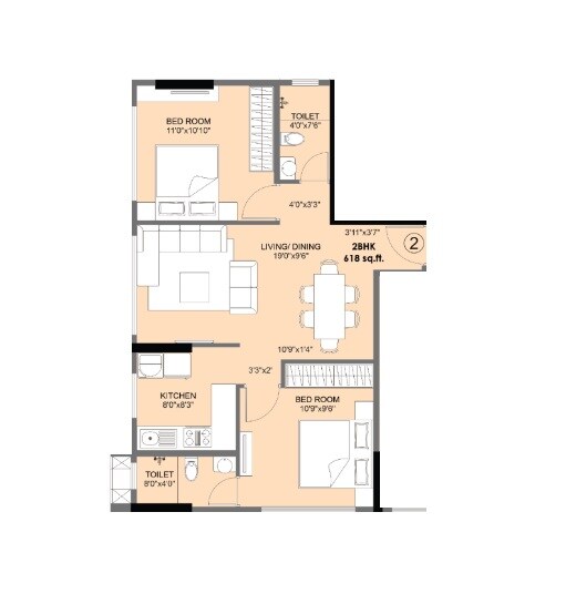 Floor plan of 2 BHK 618 Sq. Ft. Apartment in Kaustubh Primrose, Mumbai
