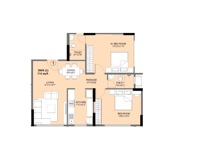 Floor plan of 2 BHK 715 Sq. Ft. Apartment in Kaustubh Primrose, Mumbai