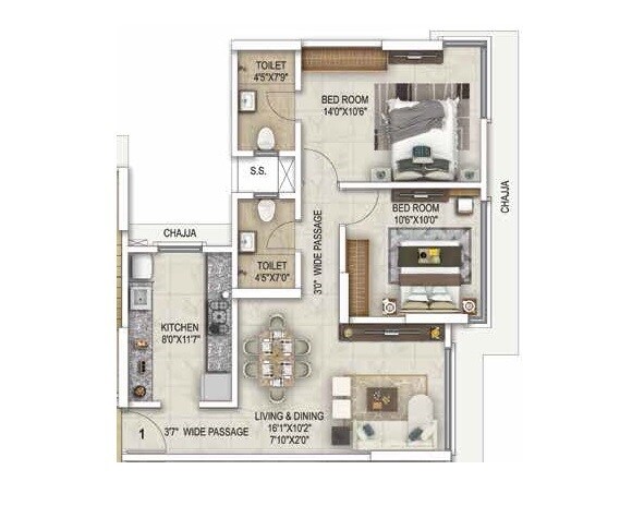 2 BHK 681 Sq. Ft. Apartment