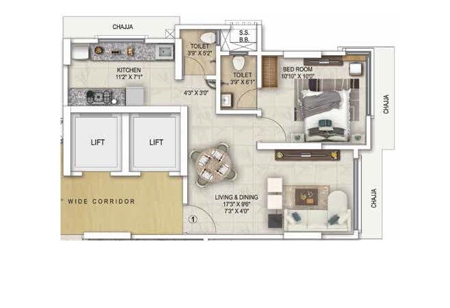 Floor plan of 1 BHK 458 Sq. Ft. Apartment in Kaustubh SunMoon Chs Ltd, Mumbai
