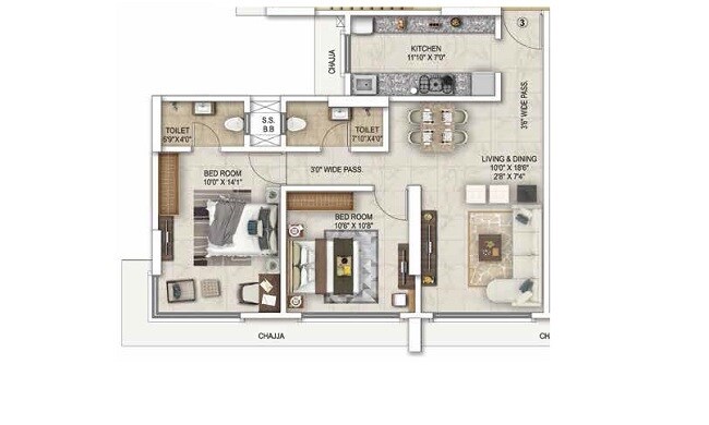 Floor plan of 2 BHK 686 Sq. Ft. Apartment in Kaustubh SunMoon Chs Ltd, Mumbai