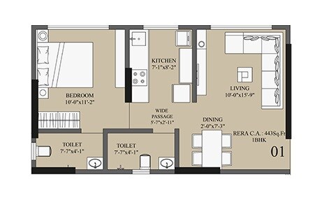 Floor plan of 1 BHK 443 Sq. Ft. Apartment in Kaustubh Vanrai, Mumbai