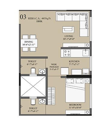 Floor plan of 1 BHK 445 Sq. Ft. Apartment in Kaustubh Vanrai, Mumbai