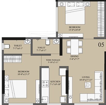 Floor plan of 2 BHK 637 Sq. Ft. Apartment in Kaustubh Vanrai, Mumbai
