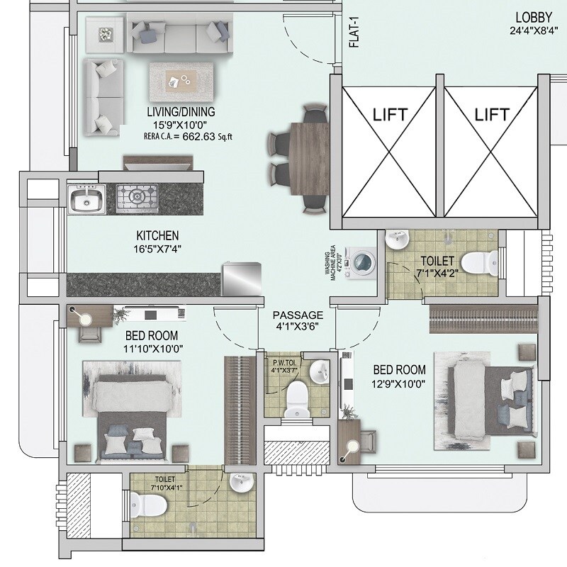 Floor plan of 2 BHK 663 Sq. Ft. Apartment in Kaustubh Vistaris, Mumbai