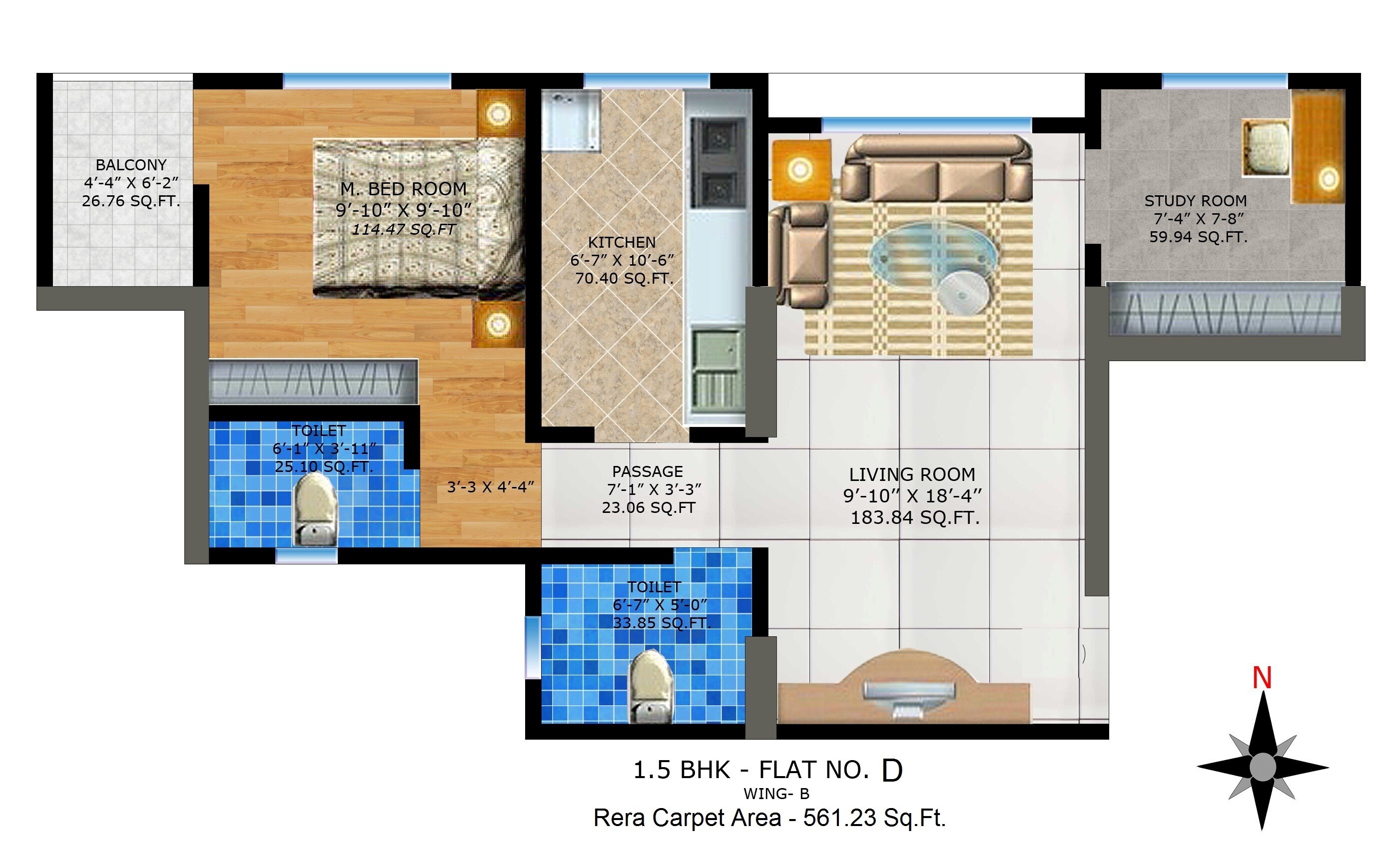 Floor plan of 2 BHK 561 Sq. Ft. Apartment in Kavya Ashwamegh, Mumbai