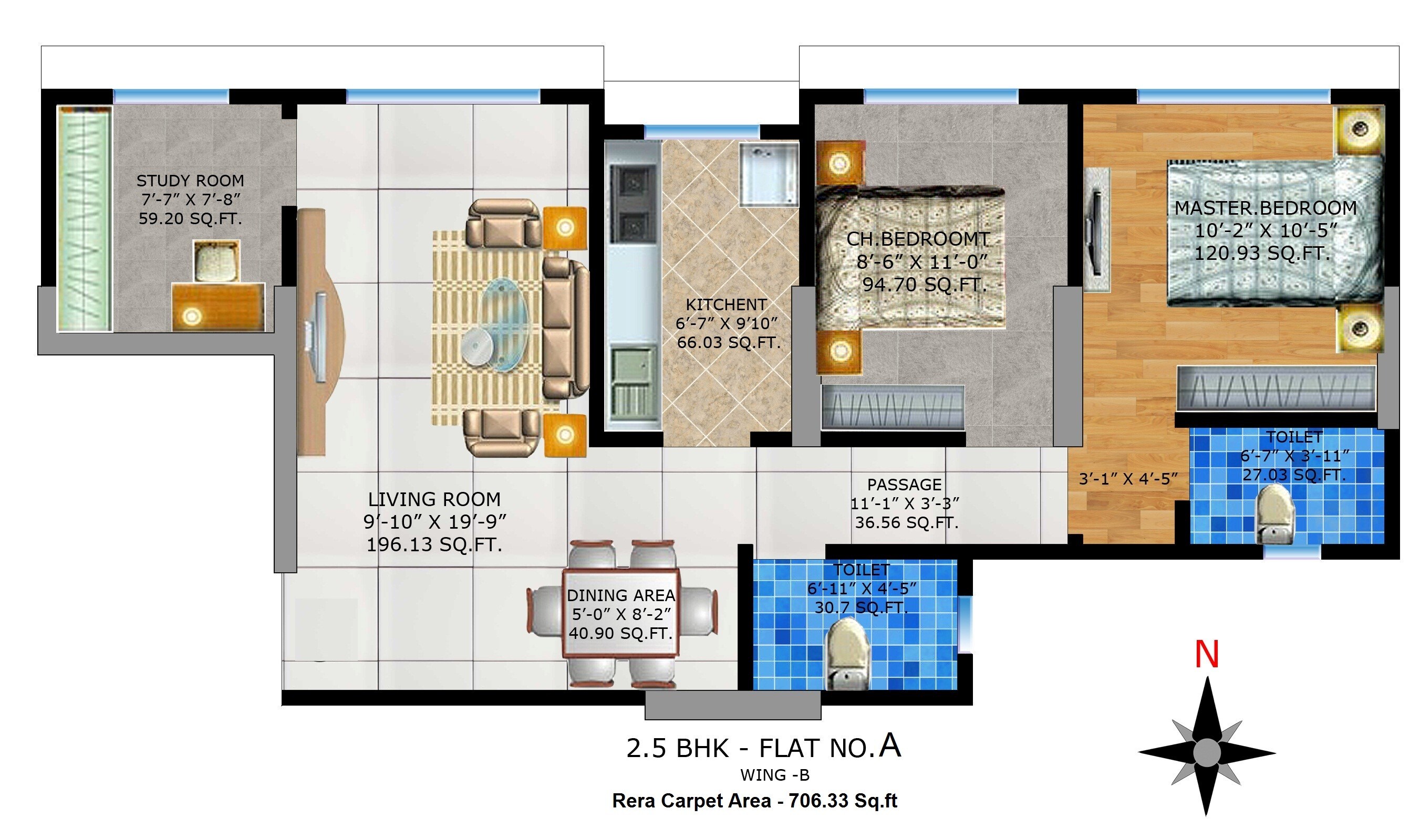 Floor plan of 2 BHK 706 Sq. Ft. Apartment in Kavya Ashwamegh, Mumbai