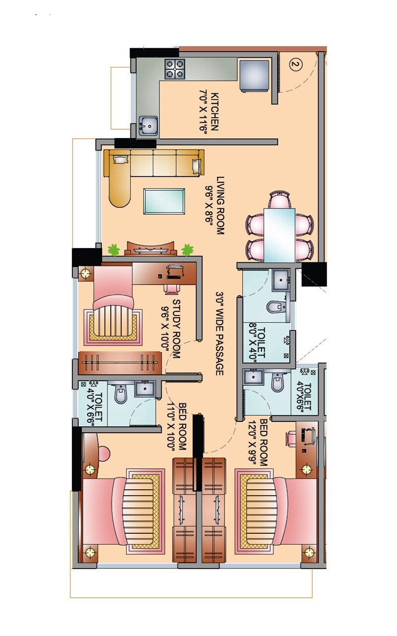 Floor plan of 3 BHK 792 Sq. Ft. Apartment in Kavya Shree Laxmi, Mumbai