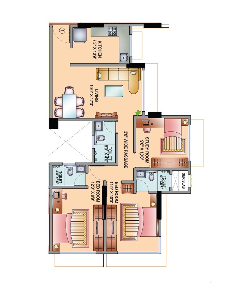 Floor plan of 3 BHK 794 Sq. Ft. Apartment in Kavya Shree Laxmi, Mumbai
