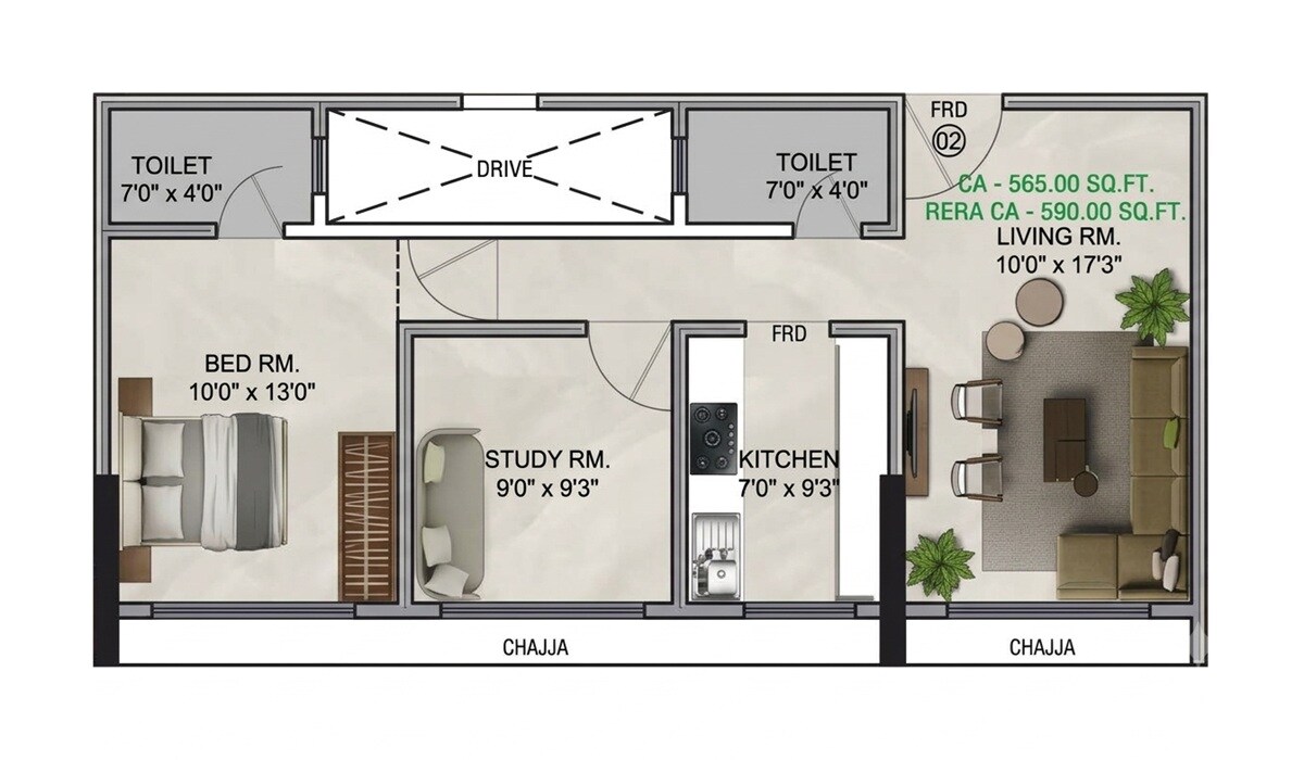 Floor plan of 2 BHK Apartment - 590 sq. ft. in Kavya Shree Sai Mahal, Mumbai