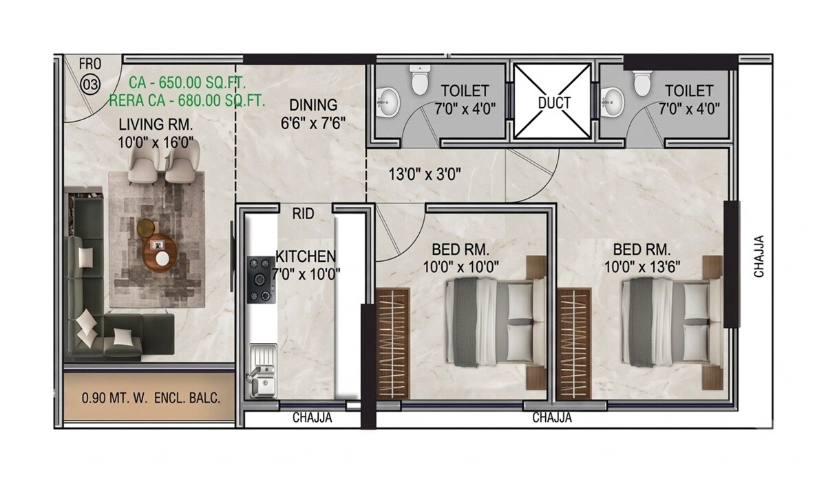 2 BHK 677 Sq. Ft. Apartment