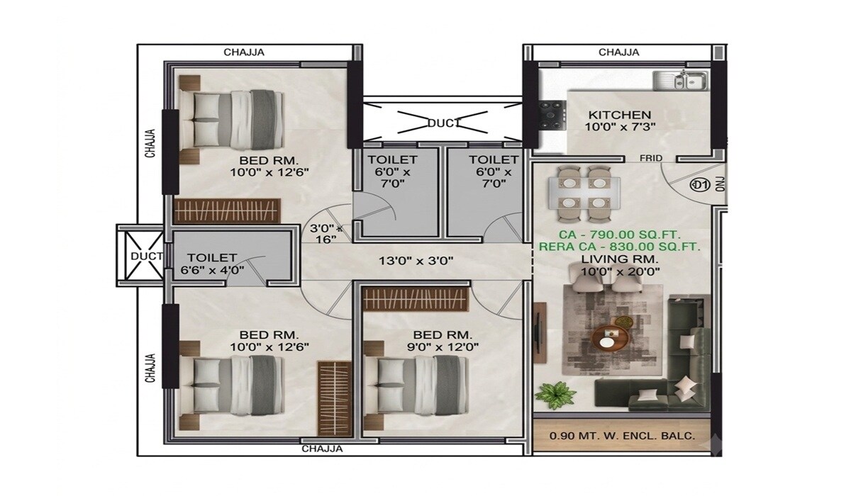 Floor plan of 3 BHK Apartment - 829 sq. ft. in Kavya Shree Sai Mahal, Mumbai
