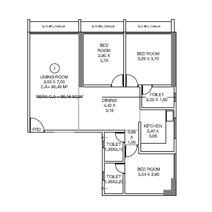 Floor plan of 3 BHK 1024 Sq. Ft. Apartment in Kay Bee Bawa Oceana, Mumbai