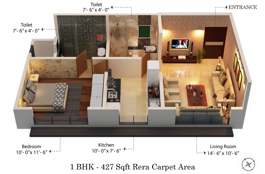 Floor plan of 1 BHK 427 Sq. Ft. Apartment in KCD Jogesh Eva, Mumbai
