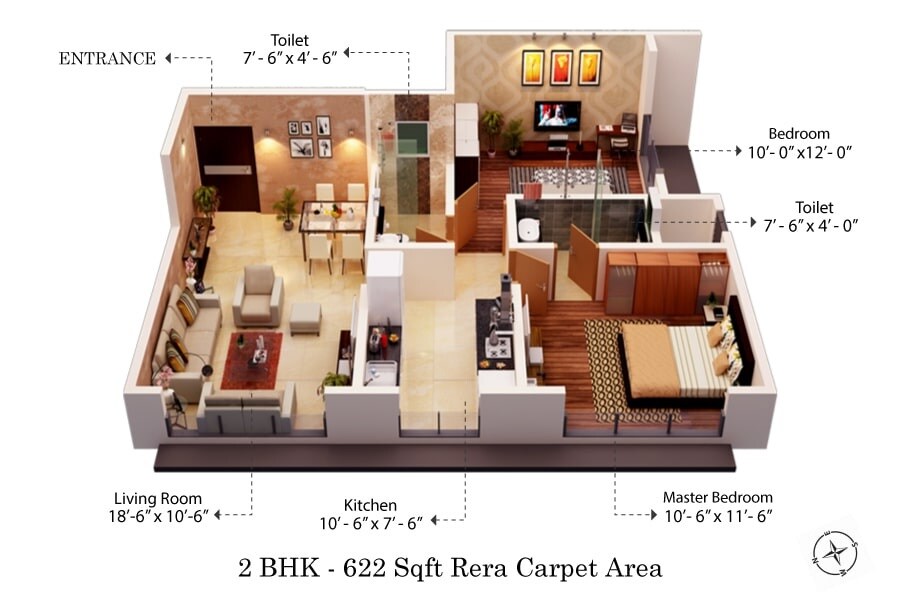 Floor plan of 2 BHK 622 Sq. Ft. Apartment in KCD Jogesh Eva, Mumbai