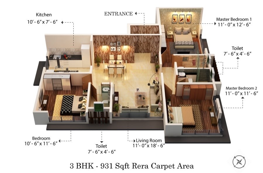 Floor plan of 3 BHK 931 Sq. Ft. Apartment in KCD Jogesh Eva, Mumbai