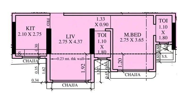 Floor plan of 1 BHK 404 Sq. Ft. Apartment in KCD Lumin, Mumbai