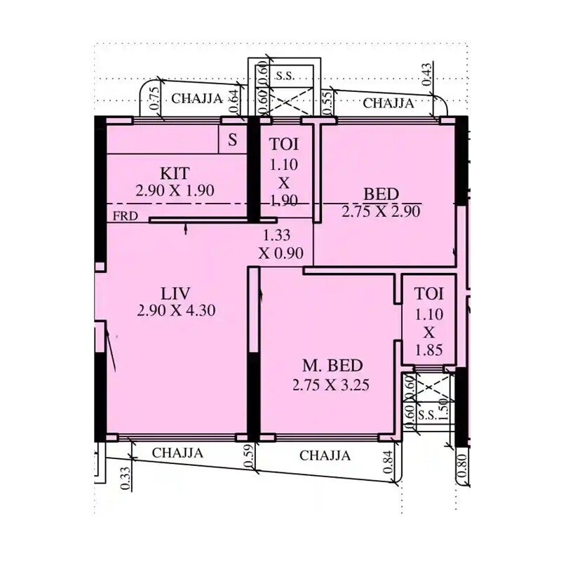 Floor plan of 2 BHK 535 Sq. Ft. Apartment in KCD Lumin, Mumbai