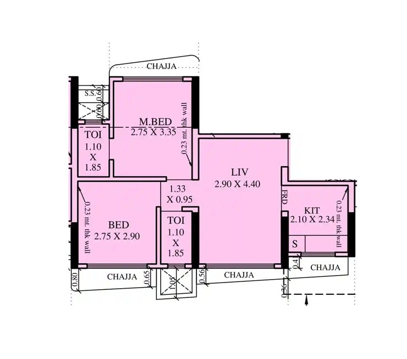 Floor plan of 2 BHK 605 Sq. Ft. Apartment in KCD Lumin, Mumbai