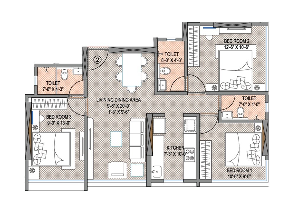 3 BHK 801 Sq. Ft. Apartment
