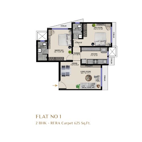 Floor plan of 2 BHK 638 Sq. Ft. Apartment in Kenarc Premia, Mumbai