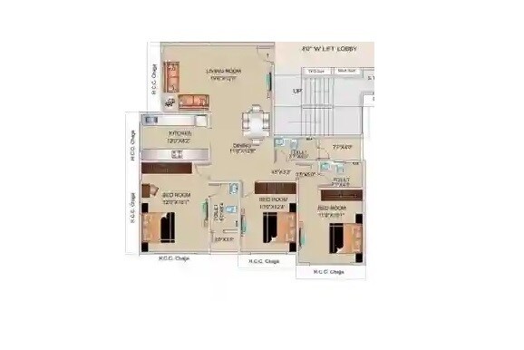 Floor plan of 3 BHK 1082 Sq. Ft. Apartment in Kesar Horizon, Mumbai