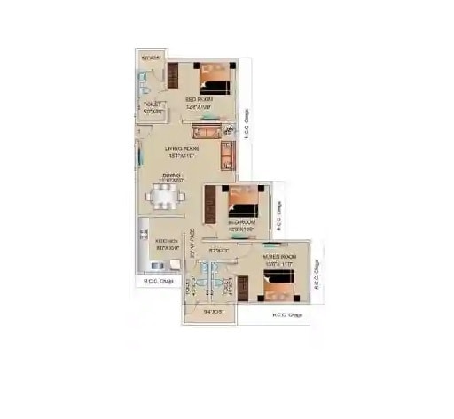 Floor plan of 3 BHK 846 Sq. Ft. Apartment in Kesar Horizon, Mumbai