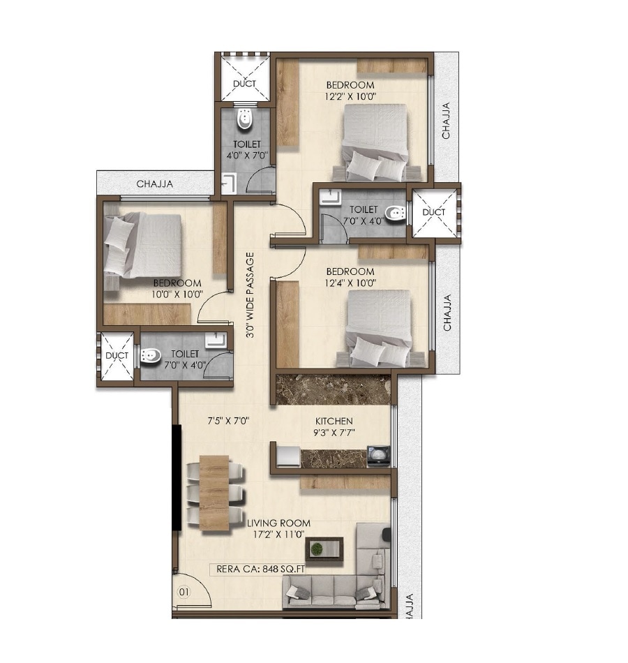 Floor plan of 3 BHK 848 Sq. Ft. Apartment in Kesar Niketan, Mumbai