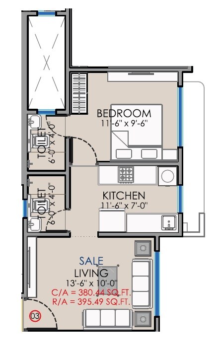 Floor plan of 1 BHK 395 Sq. Ft. Apartment in Ridhi Sidhi, Mumbai