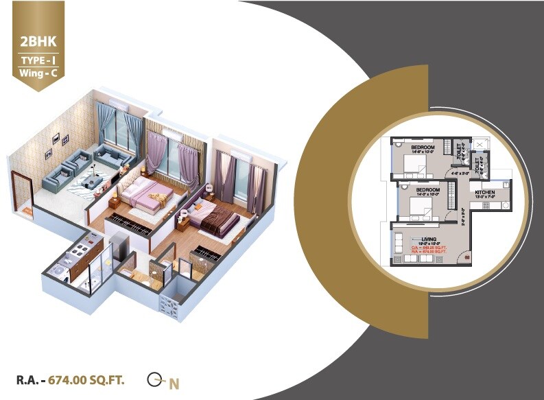 Floor plan of 2 BHK 675 Sq. Ft. Apartment in Ridhi Sidhi, Mumbai