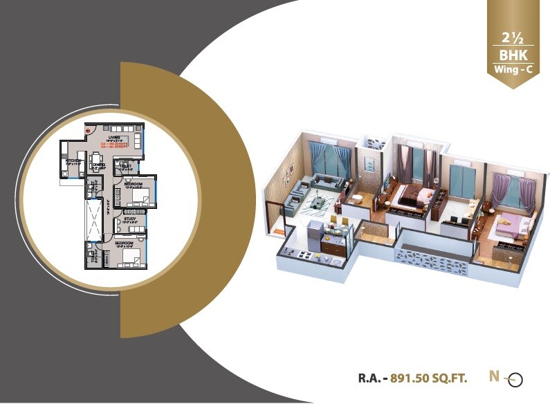 Floor plan of 2 BHK 891 Sq. Ft. Apartment in Ridhi Sidhi, Mumbai