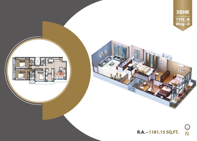 Floor plan of 3 BHK 1173 Sq. Ft. Apartment in Ridhi Sidhi, Mumbai
