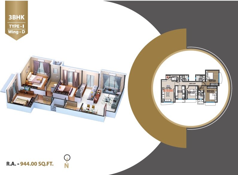Floor plan of 3 BHK 944 Sq. Ft. Apartment in Ridhi Sidhi, Mumbai