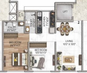 Floor plan of 2 BHK 650 Sq. Ft. Apartment in Kesar Scion, Mumbai