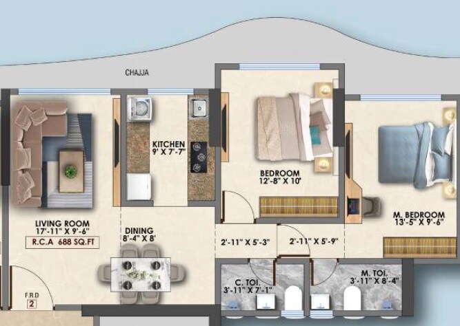 Floor plan of 2 BHK 688 Sq. Ft. Apartment in Keytech Om Mayuresh, Mumbai