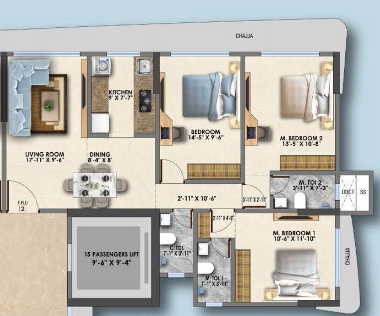 Floor plan of 3 BHK 800 Sq. Ft. Apartment in Keytech Om Mayuresh, Mumbai