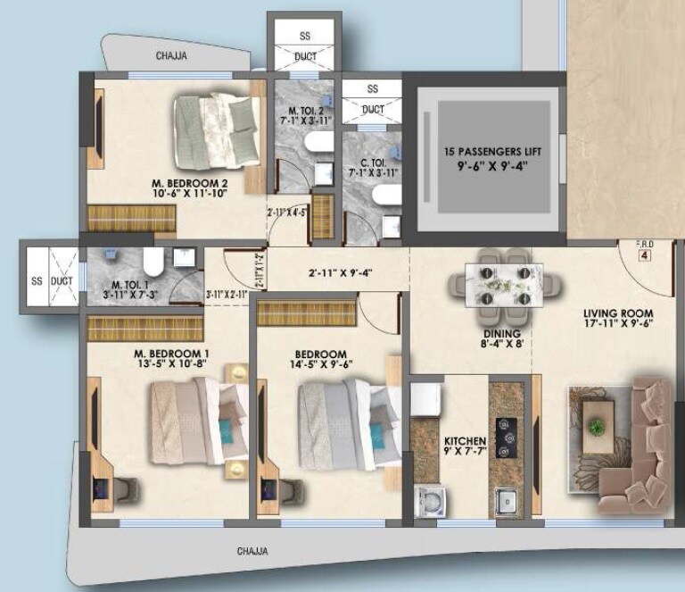 3 BHK 906 Sq. Ft. Apartment