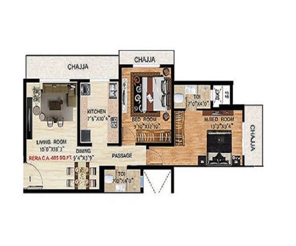 Floor plan of 2 BHK 684 Sq. Ft. Apartment in Keytech Vishakha Heights, Mumbai