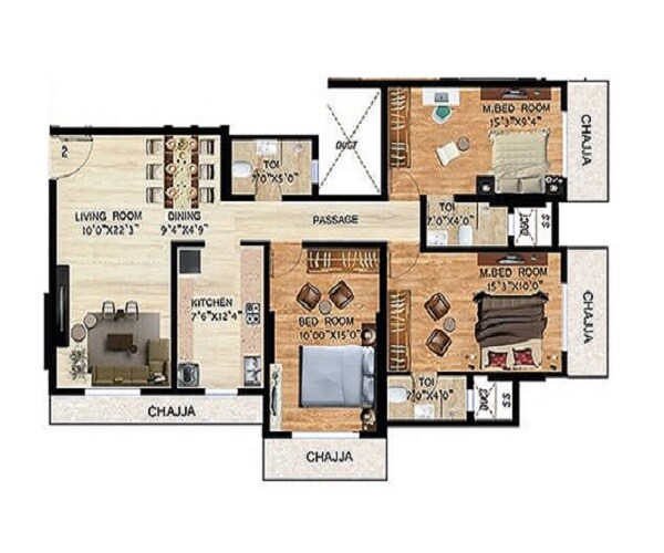 Floor plan of 3 BHK 963 Sq. Ft. Apartment in Keytech Vishakha Heights, Mumbai